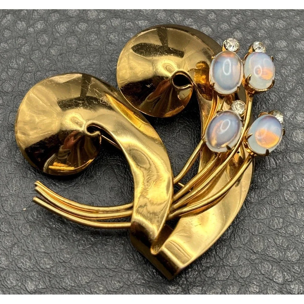 Vintage Coro Pegasus Faux Opal Glass Rhinestone Floral Brooch Modernist